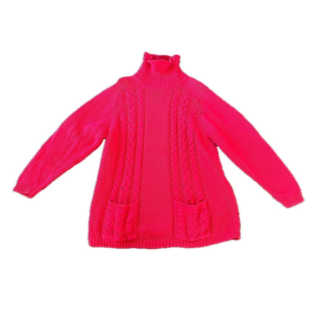 Vintage Hot Pink Cable Knit Turtleneck Sweater Ramie Wool Blend Sz M Fall Chic